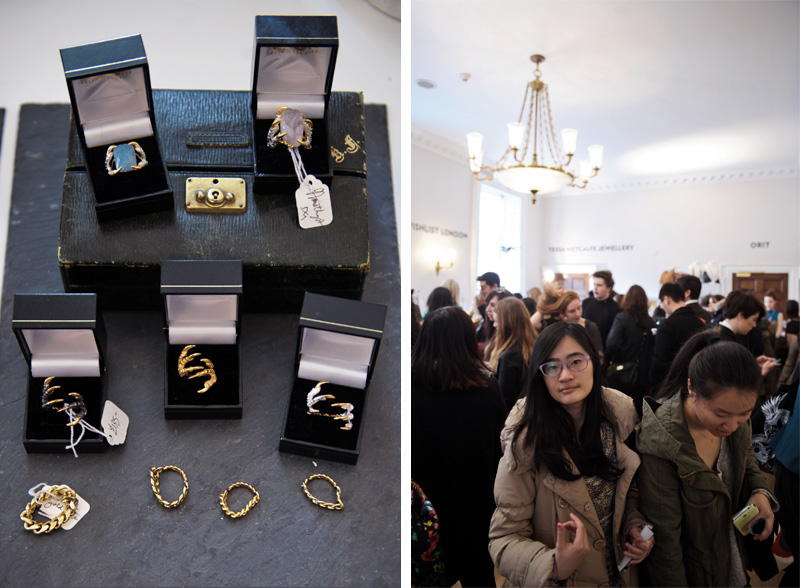 London fashion weekend designer shopping, Somerset House. Tessa Metcalfe bird claw jewellery, rings, gem stones, gold, silver.