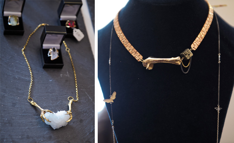 London fashion weekend designer shopping, Somerset House. Tessa Metcalfe bird claw necklace & rings, Thor & Whistle bone choker & butterfly necklace