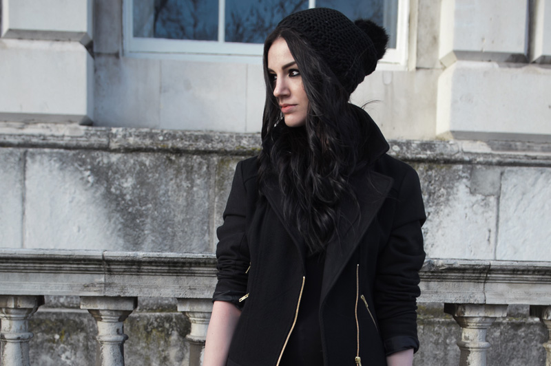 Fashion blogger Stephanie of FAIIINT wearing George at asda black wool & twill biker jacket, basic bodycon dress & faux fur pom pom beanie.