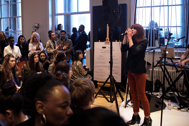 London fashion weekend designer shopping, Somerset House. Laura Welsh perfoms live for Levis Reveal Studio.