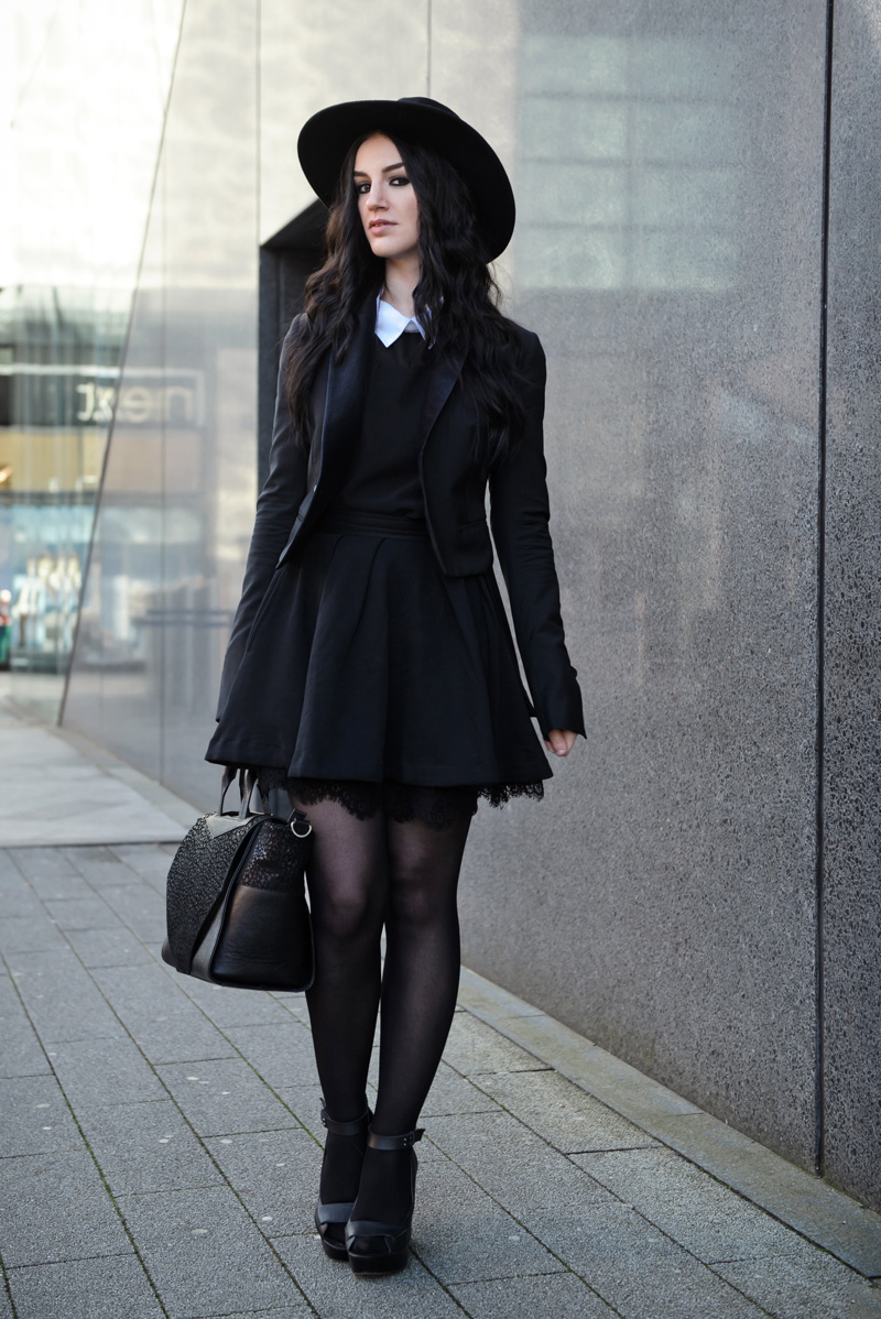 Fashion blogger Stephanie of FAIIINT wearing Catarzi fedora, Fashion Union contrast white collar blouse shirt, French Connection Kelby lace skater skirt, Todd Lynn x Topshop Tux Jacket, Skin by Finsk Wedges, Bracher Emden Bag. All black outfit, goth, witch street style.