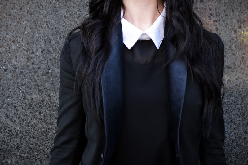 Fashion blogger Stephanie of FAIIINT wearing Fashion Union contrast white collar blouse shirt, French Connection Kelby lace skater skirt, Todd Lynn x Topshop Tux Jacket. All black outfit, goth, witch street style.