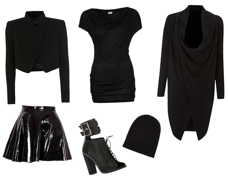 FAIIINT Wishlist Mint Velvet cropped jacket, Vero Moda drape tee, Label Lab wrap cardigan, ARK PU patent skater skirt, Charkviani ‘Marilyn’ Boots, Hawick Cashmere Beanie