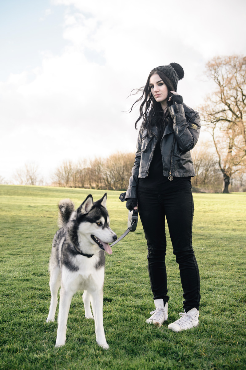 Fashion blogger Stephanie of FAIIINT wearing Belstaff waxed sammy miller jacket, Meltin Pot jeans, white leather Converse high tops, Knitted beanie to walk Nico the Siberian Husky dog.