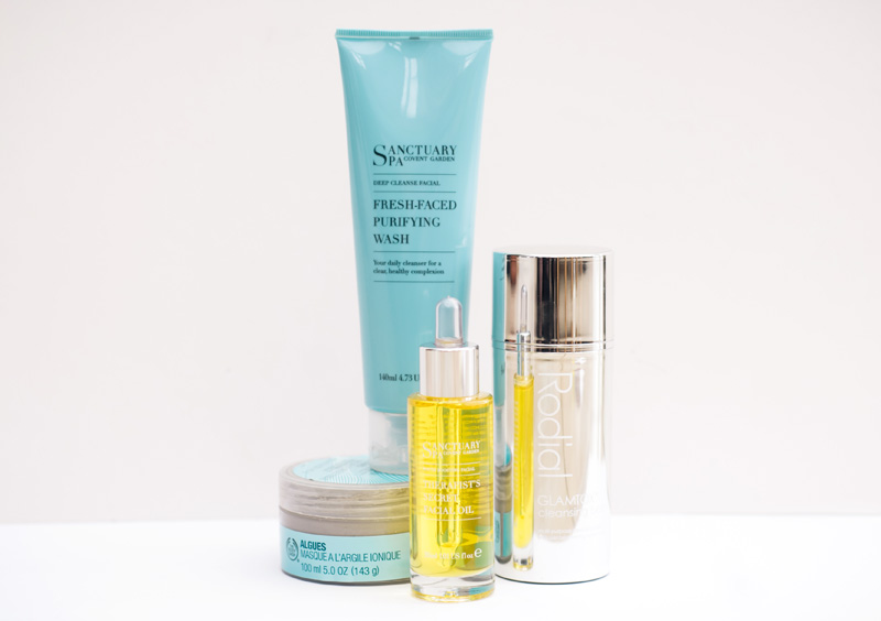 FAIIINT Beauty blog Sanctuary Spa Fresh Faced Purifying Wash & Therapists Secret Facial Oil, Rodial Glamtox Cleansing Balm, The Body Shop Seaweed Ionic Clay Mask. Acne prone oily skin routine.