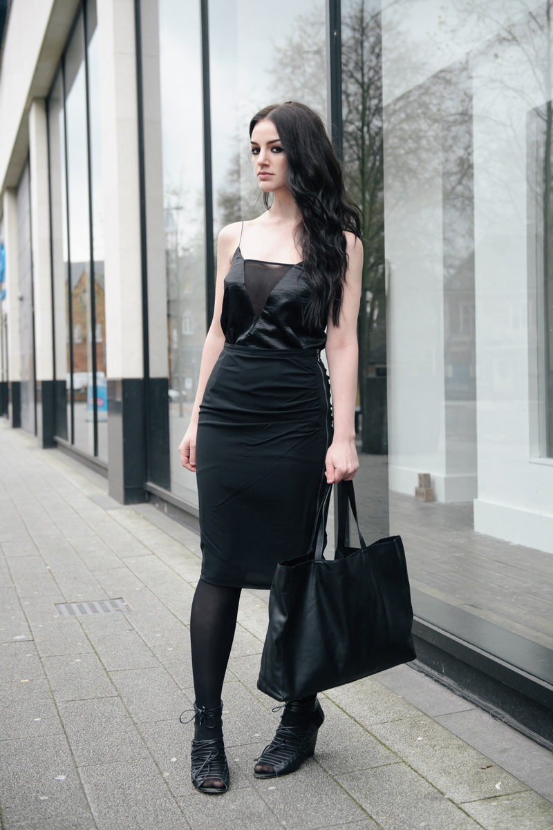 Fashion blogger Stephanie of FAIIINT wearing ASOS silky panelled cami, Mint Velvet silk rouched side zip pencil skirt, John Lewis leather classic tote bag, Skin by Finsk lace up wedges. All black sports luxe street style outfit.