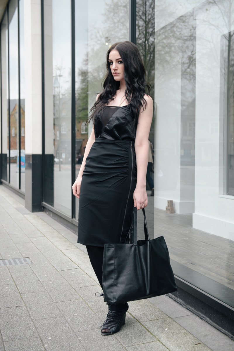 Fashion blogger Stephanie of FAIIINT wearing ASOS silky panelled cami, Mint Velvet silk rouched side zip pencil skirt, John Lewis leather classic tote bag, Skin by Finsk lace up wedges. All black sports luxe street style outfit.