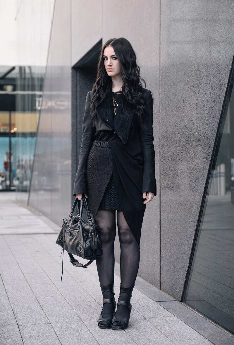 Fashion Blogger Stephanie of FAIIINT wearing Todd Lynn for Topshop Cropped Tux Jacket, OASAP Asymmetric Dress, Topshop Snake Texture Skirt, Rick Owens Wedges, Cinderela B Necklace, Balenciaga City Bag. Street style, all black draped outfit.