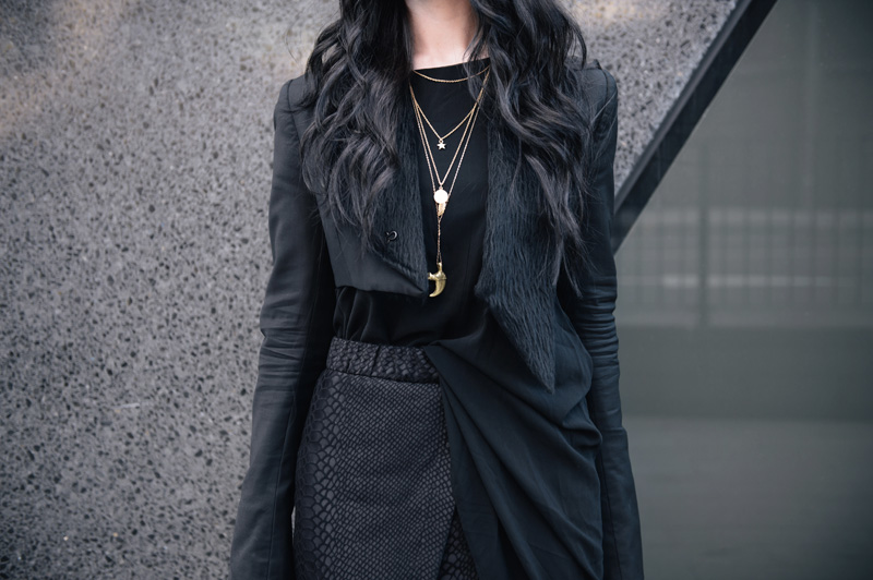 Fashion Blogger Stephanie of FAIIINT wearing Todd Lynn for Topshop Cropped Tux Jacket, OASAP Asymmetric Dress, Topshop Snake Texture Skirt, Cinderela B layered Necklace. Street style, all black draped outfit.