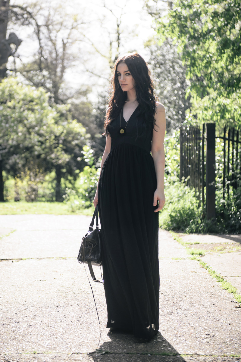 Fashion blogger Stephanie of FAIIINT wearing Topshop maxi panelled & mesh maxi dress, Belles Bejewelled perspex hexagon stitched gold thread necklace, Balenciaga city bag.