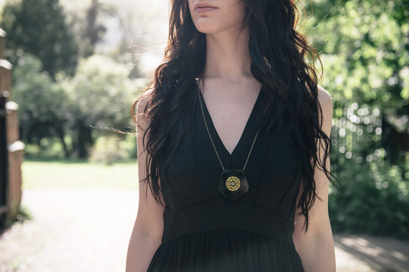 Fashion blogger Stephanie of FAIIINT wearing Topshop maxi panelled & mesh maxi dress, Belles Bejewelled perspex hexagon stitched gold thread necklace.