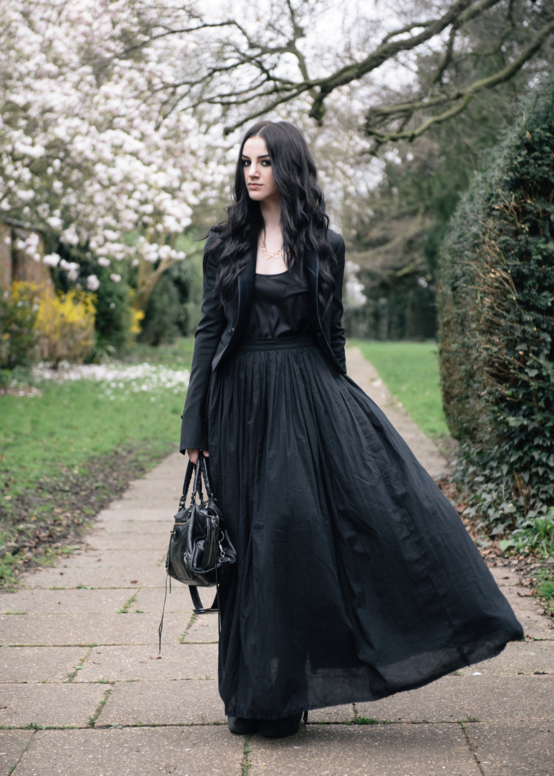 Fashion blogger Stephanie of FAIIINT wearing Todd Lynn for Topshop tux jacket, Reiss tank top, FAIIINT cotton lawn full maxi skirt, RockLove sacred geo collar necklace, Balenciaga city bag. All black floaty gothic outfit.