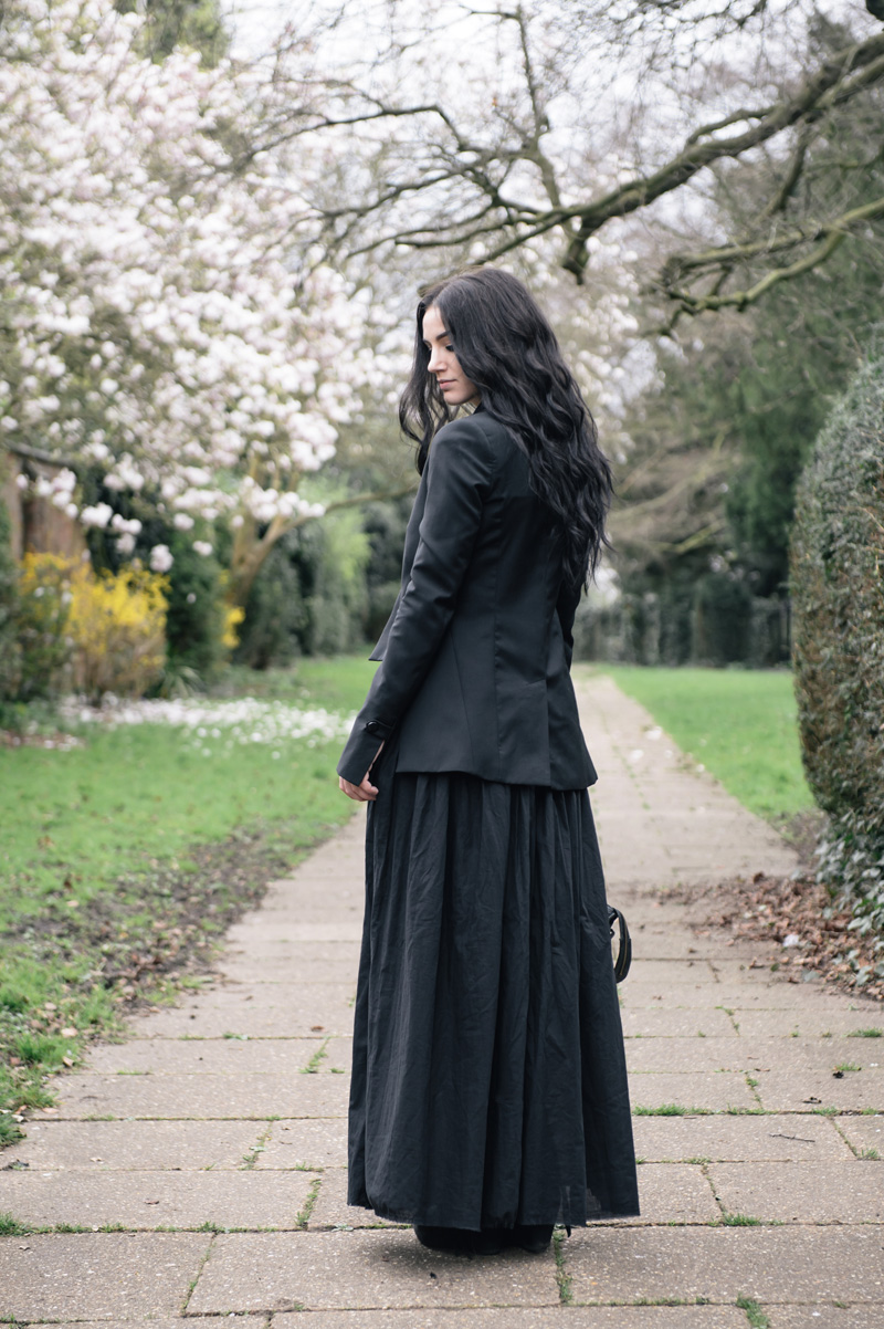 Fashion blogger Stephanie of FAIIINT wearing Todd Lynn for Topshop tux jacket, Reiss tank top, FAIIINT cotton lawn full maxi skirt, RockLove sacred geo collar necklace, Balenciaga city bag. All black floaty pretty gothic outfit.
