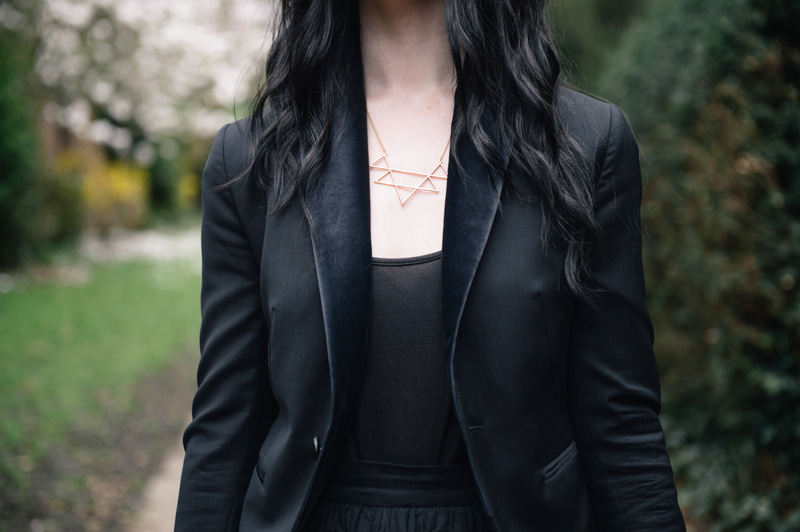 Fashion blogger Stephanie of FAIIINT wearing Todd Lynn for Topshop tux jacket, Reiss tank top, FAIIINT cotton lawn full maxi skirt, RockLove sacred geo collar necklace.