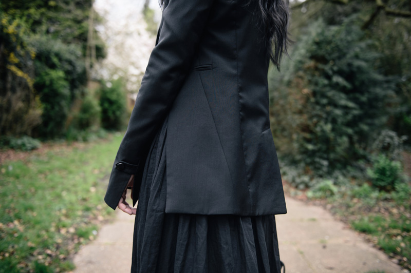 Fashion blogger Stephanie of FAIIINT wearing Todd Lynn for Topshop tux jacket, Reiss tank top, FAIIINT cotton lawn full maxi skirt.