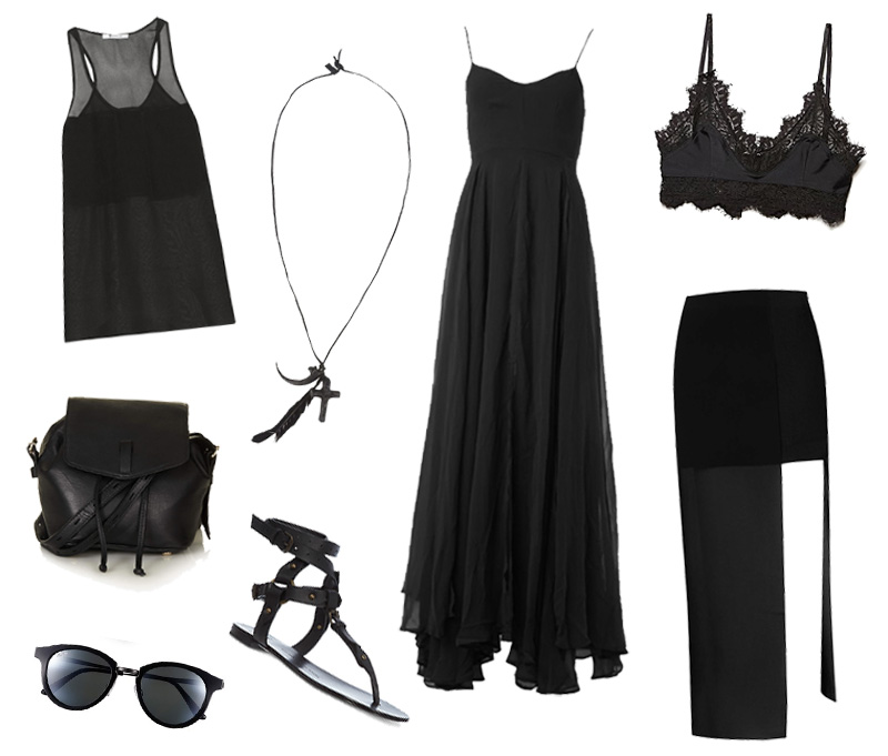 FAIIINT all black summer outfit wishlist Alexander Wang chiffon tank, Natalia Brilli leather necklace, Religion Olsen mazi dress, For Love & Lemons lace kitten bralet, Topshop pouch bag, Jovonna sheer skirt, Maui Jim Kolohe sunglasses, Giuseppe Zanotti gladiator sandals.