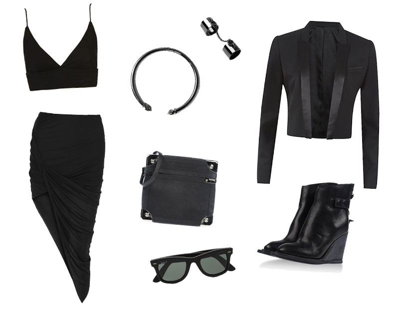 FAIIINT Wishlist Topshop bralet, Allsaints choker & chain double rings, The Kooples cropped jacket, Helmut Lang draped skirt, Margiela Box bag, Nicolas Andreas Taralis boots, leather Ray-Ban wayfarers