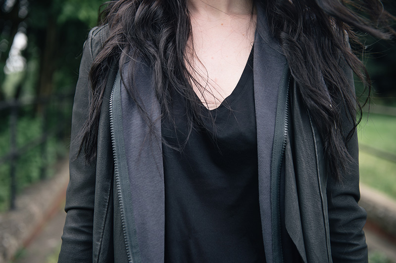Fashion blogger Stephanie of FAIIINT wearing Barneys originals draped leather jacket, OnePiece charcoal stroll hoodie, Helmut Lang tee