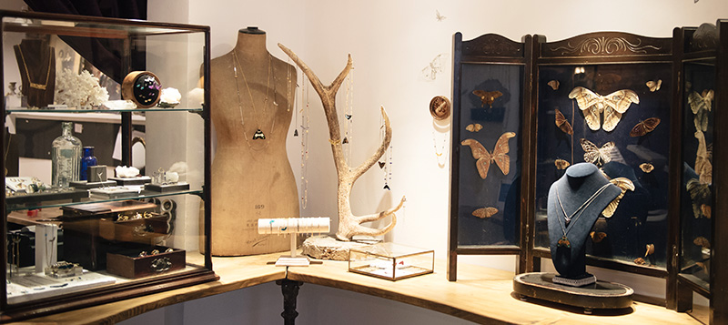 Thor & Wistle London store Dynasty Jewellery Kamilla Thorsen Rachel Entwistle butterfly, antler, mannequin display cabinets