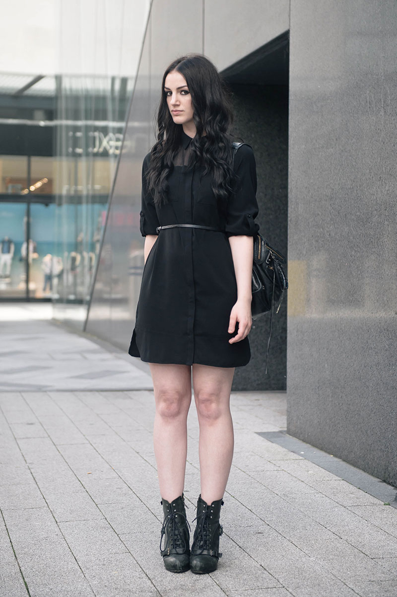 Fashion blogger Stephanie of FAIIINT wearing Dorothy Perkins Military shirt dress with chiffon panel, ASOS Belt, Topshop lace up boots, Balenciaga City. All black outfit goth street style.