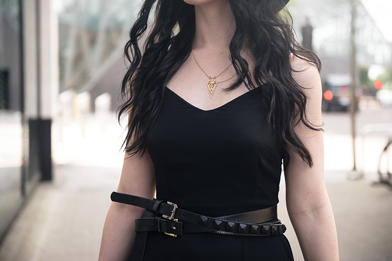 Fashion blogger Stephanie of FAIIINT wearing Choies black chiffon maxi dress, ASOS & Topshop studded wrap belt, RockLove sacred geometry gold chevron necklace