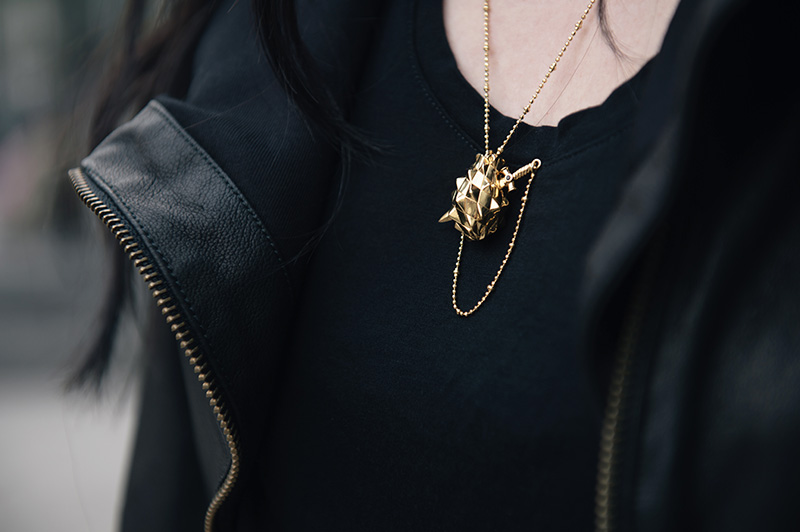 FAIIINT cropped leather jacket, Helmut Lang tee, Kasun gold & onyx vampire heart dagger necklace