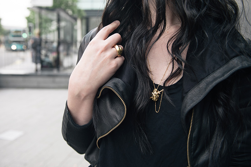 Fashion blogger Stephanie of FAIIINT wearing FAIIINT cropped leather jacket, Helmut Lang tee, Kasun gold & onyx vampire heart necklace & claw ring