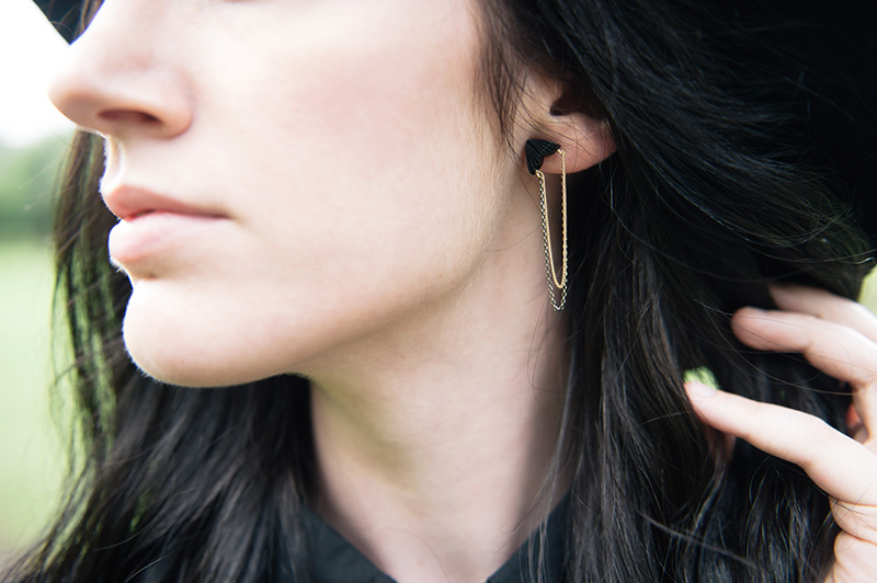 FAIIINT wearing Dynasty Jewellery black monarch butterfly stud & chain earrings