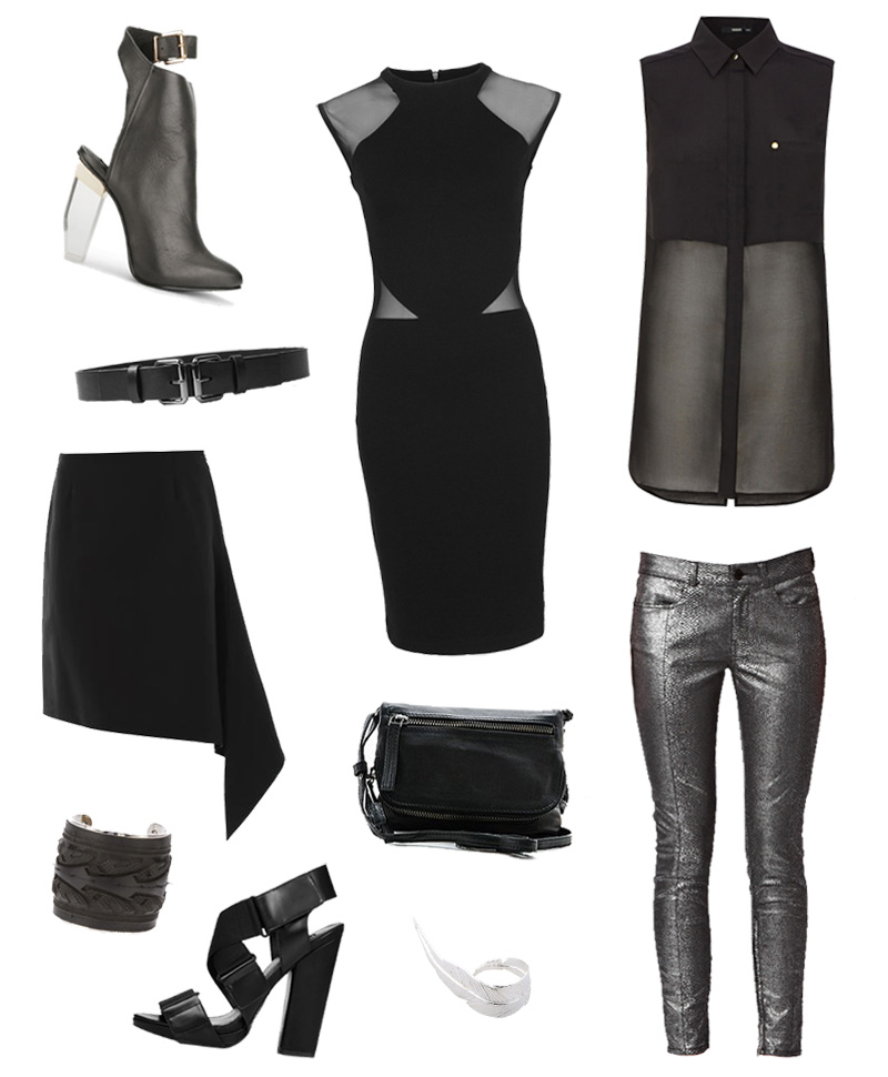 Miista perspex heel boot, French Connection Viven panelled dress, Oasis sheer sleeveless shirt, Allsaints double belt, J.W. Anderson fishtail asymmetric skirt, Beksondergaard leather bag, French Connection silver snake raven trousers, Carmina Campus slave tire bracelet, Topshop bandage heels, Daisy Knights feather ring. All black everything sale shopping wishlist.