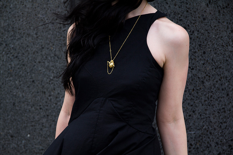 Fashion Blogger Stephanie of FAIIINT shot by Rosemary Pitts of Creatures Blog wearing FAIIINT asymmetric dress, Kasun London gold vampire heart & dagger necklace.