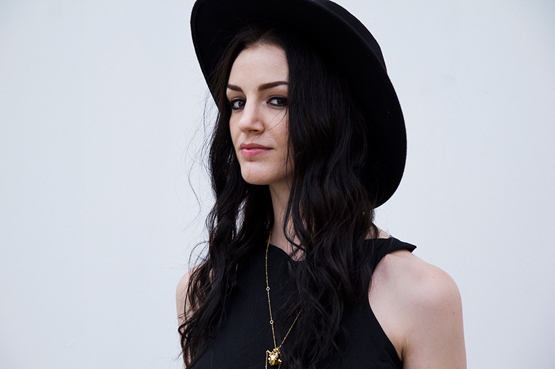 Fashion Blogger Stephanie of FAIIINT shot by Rosemary Pitts of Creatures Blog wearing FAIIINT asymmetric dress, Kasun London gold vampire heart necklace, Catarzi large brim black fedora.