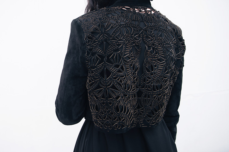 Fashion blogger Stephanie of FAIIINT wearing Topshop black laser cut cropped suede jacket. Outfit details.