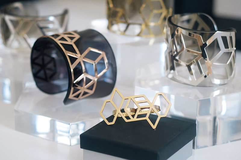 London Fashion Week Spring Summer 2015 Designer Showrooms Somerset House Anna Byers Geometric Gold, Silver & Perspex cuffs