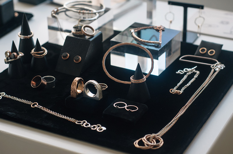 London Fashion Week Spring Summer 2015 Designer Showrooms Somerset House Maya Magal silver & rose gold rings, necklaces, bracelets, jewellery display