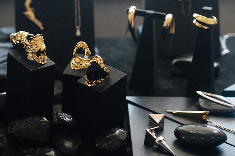 London Fashion Week Spring Summer 2015 Designer Showrooms Somerset House Kasun London gold and silver jewellery earrings, rings, cufflinks. God loves fangs vampire collection.