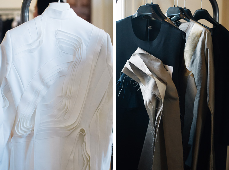 London Fashion Week Spring Summer 2015 Designer Showrooms Somerset House Haizhen Wang raw edge jacket & dress drapery