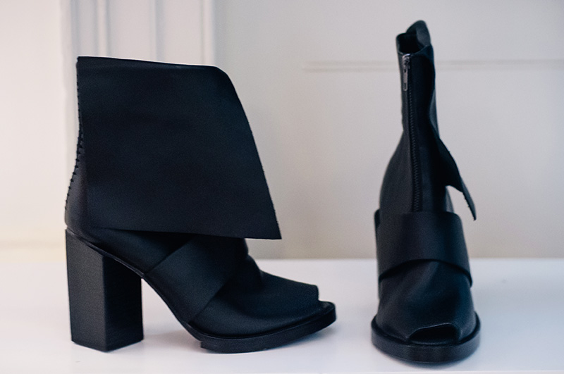 London Fashion Week Spring Summer 2015 Designer Showrooms Somerset House Haizhen Wang black leather block heel asymmetric boots