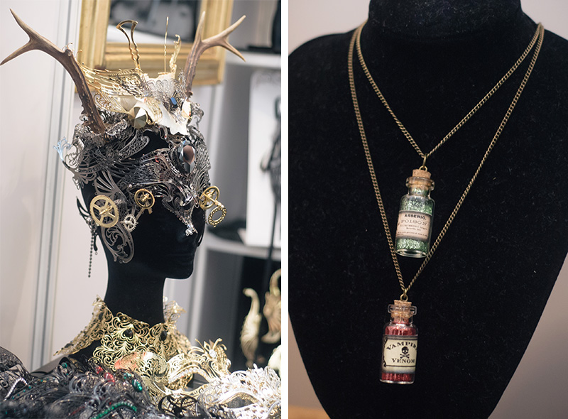 FAIIINT London Edge 2014 the new alternative fashion trade show Atelier Bertoldini Giuliana steampunk metal, lace & antler headwear head dress & Cou Cou Heart little bottle poision & venom necklaces