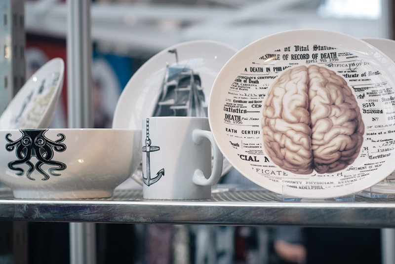 FAIIINT London Edge 2014 the new alternative fashion trade show Sourpuss Homewear, anatomy brain plate & sailor anchor, ship & octopus bowl, mug & plates.