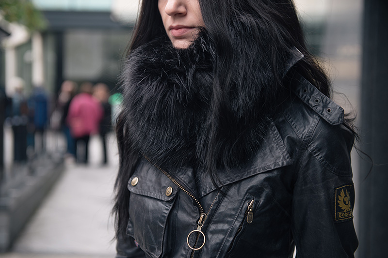 Fashion blogger Stephanie of FAIIINT wearing FAIIINT faux fur snood, Belstaff Sammy Miller waxed jacket. All black street style outfit details.