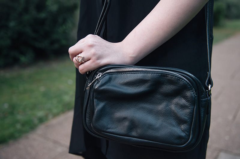 Fashion blogger Stephanie of FAIIINT wearing Bloody Mary Metal silver fire alchemy ring, Betty Jackson Black designers at Debenhams black zip leather bag
