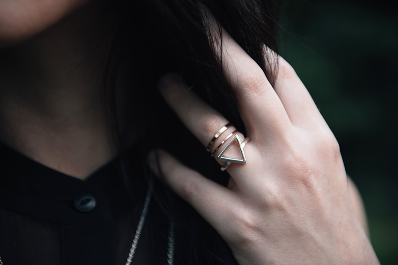 Fashion blogger Stephanie of FAIIINT wearing Bloody Mary Metal fire alchemy silver ring & copper stacked bands