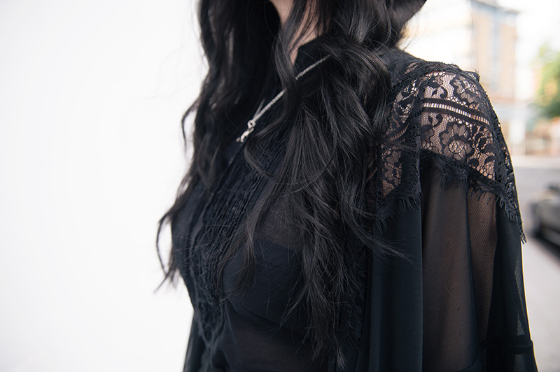 Fashion blogger Stephanie Brown of FAIIINT wearing Pins & Needles at Urban Outfitters lace kimono, AllSaints Shirt. Details.
