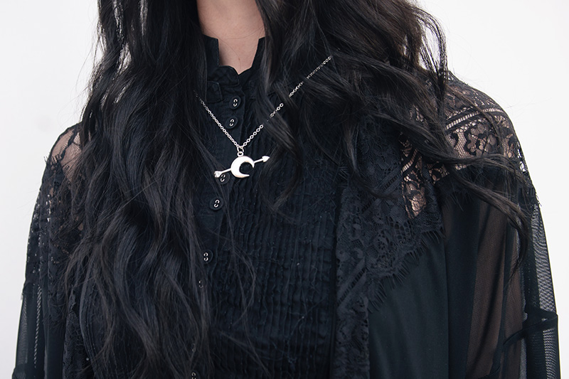 Fashion blogger Stephanie Brown of FAIIINT wearing Bloody Mary Metal Luna Tribe Luna Love silver crescent moon & arrow necklace, Pins & Needles at Urban Outfitters lace kimono, AllSaints Shirt. Details.