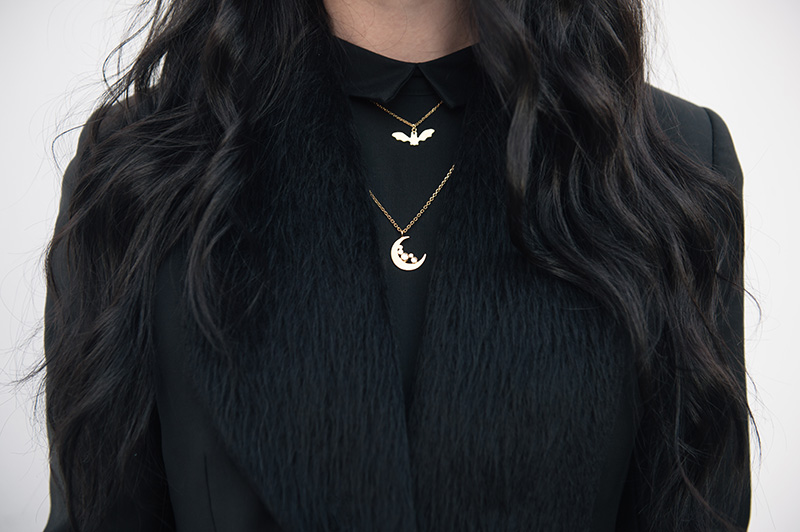 Fashion blogger Stephanie of FAIIINT wearing Todd Lynn x Topshop cropped tux jacket, H&M shirt dress, Phoebe Jewellery moonstone crescent moon & little bat gold necklace. Outfit details.