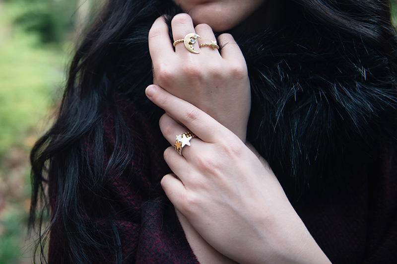 Fashion blogger Stephanie of FAIIINT wearing Phoebe Jewellery gold double moonstone moon & star ring and gold & silver mix star stacking rings. Details.