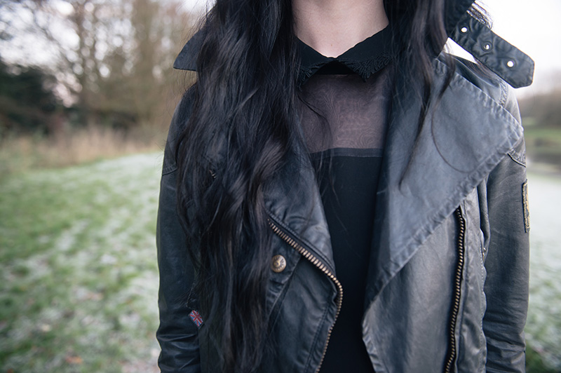 Fashion blogger Stephanie of FAIIINT wearing Belstaff waxed sammy miller biker jacket, The Kooples shirt dress.