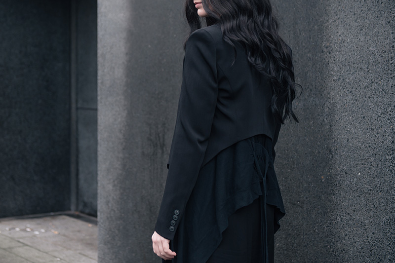 Fashion blogger Stephanie of FAIIINT wearing Theyskens' Theory Cropped Jacket, Mango draped cardigan, Isabel De Pedro printed shirt dress. All black everything street style details.