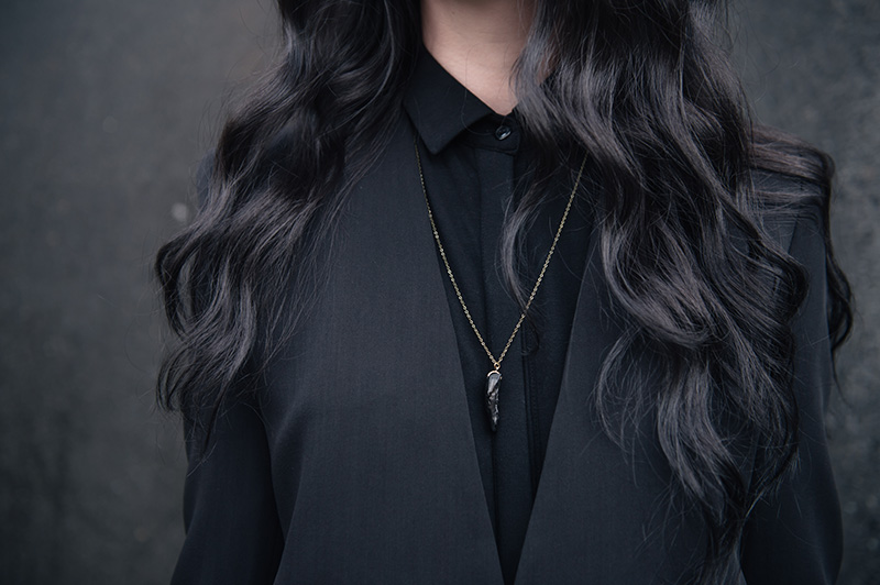 Fashion blogger Stephanie of FAIIINT wearing Theyskens' Theory Cropped Jacket, Isabel De Pedro printed shirt dress, BVRNT wooden necklace. All black everything street style details.