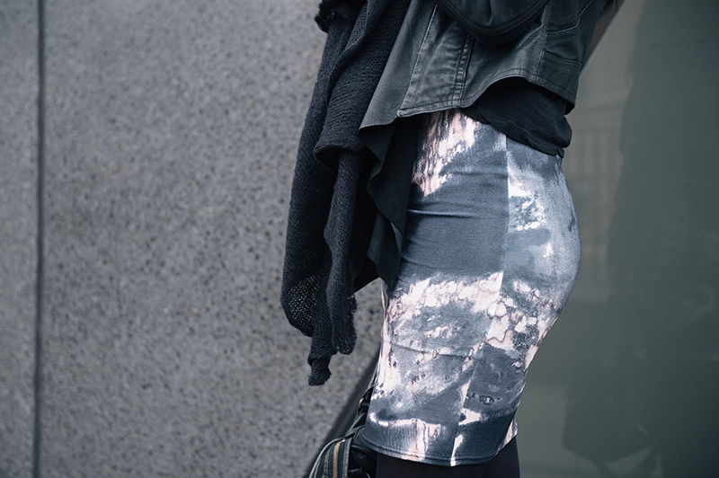 Fashion blogger Stephanie of FAIIINT wearing ASOS scarf, Barneys Original's draped leather jacket, Daisy Street oil spill printed dress. Details.